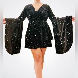 Cider Metallic Moon & Stars Romper with Wing Sleeves, Size XL